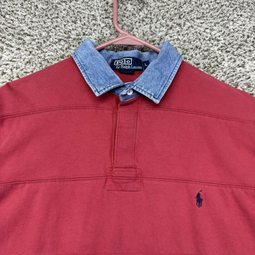 Vintage 90s Polo Ralph Lauren Polo Shirt Men's Size Large Red Denim Collar Rugby